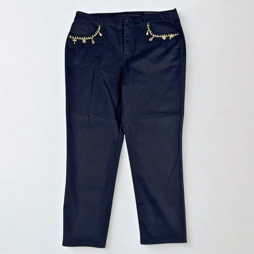 Chicos So Slimming Girlfriend Ankle Jeans Black Gold Chain‎ Pockets Womens 3 NWT